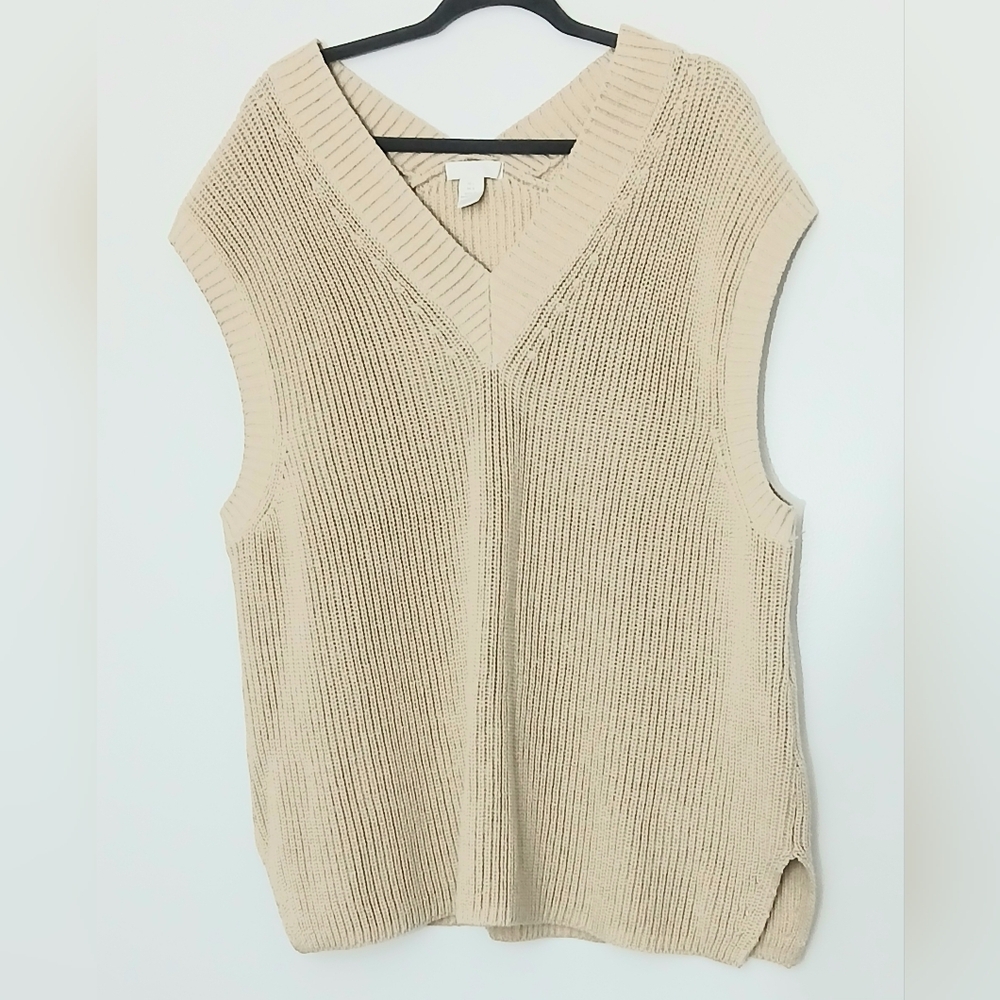 H&M Sweater Vest Women's Size L Beige Knit Oversized‎ Grandpa Minimalist